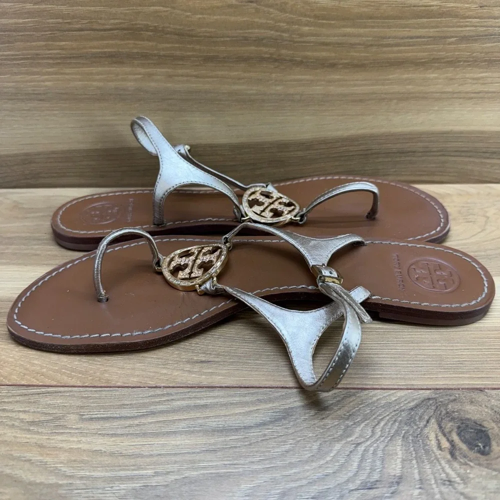 Tory Burch Gold T Strap Sandals Womens 11 M Leather Rhinestones Chic Travel